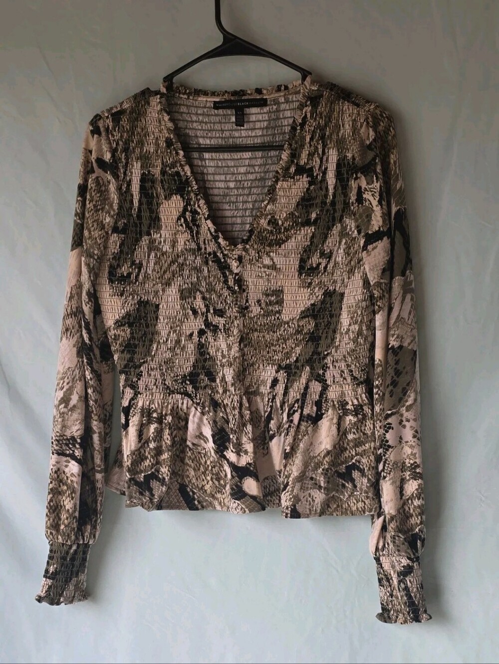 White House Black Market Beige and Black Smocked V-Neck Blouse